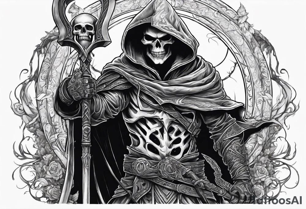 hooded human necromancer holding a large scythe in 1 hand and raising a skeletal warrior under his other hand that is glowing tattoo idea