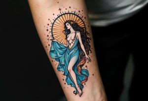 Alfons Mucha’s celestial maiden in a sky-blue dress, encircled by radiant golden sunbursts and stylized stars. tattoo idea