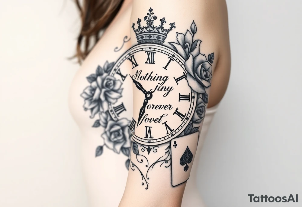 Roman clock with roses and a crown,  a quote that says nothings forever. and on the bottom a deck of cards tattoo idea