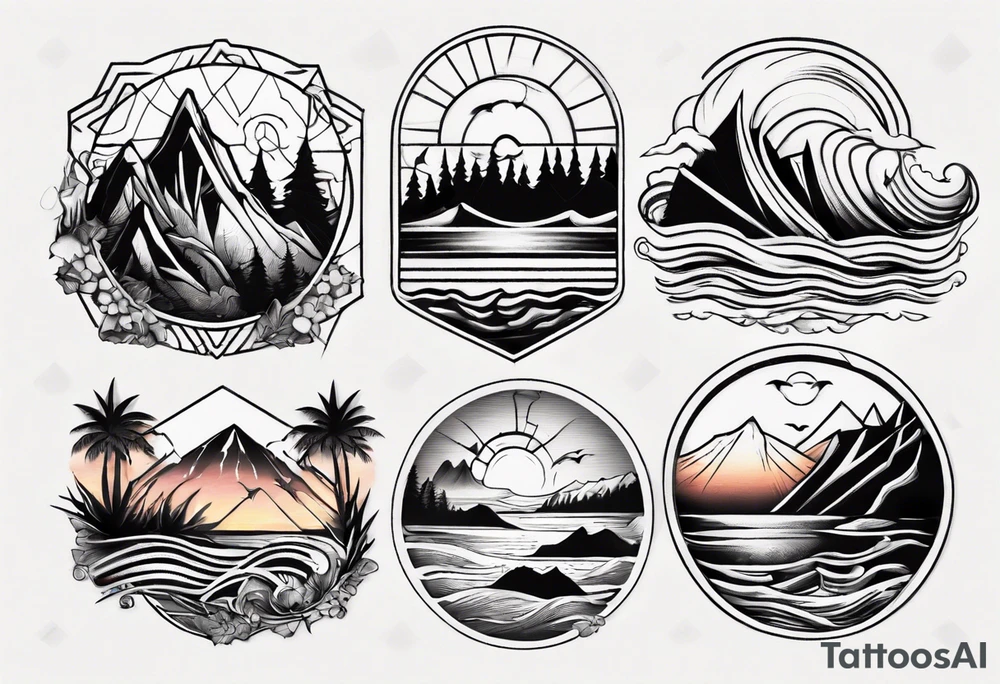 mountains, beach, waves, sunset, trees tattoo idea