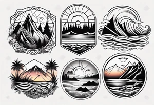 mountains, beach, waves, sunset, trees tattoo idea