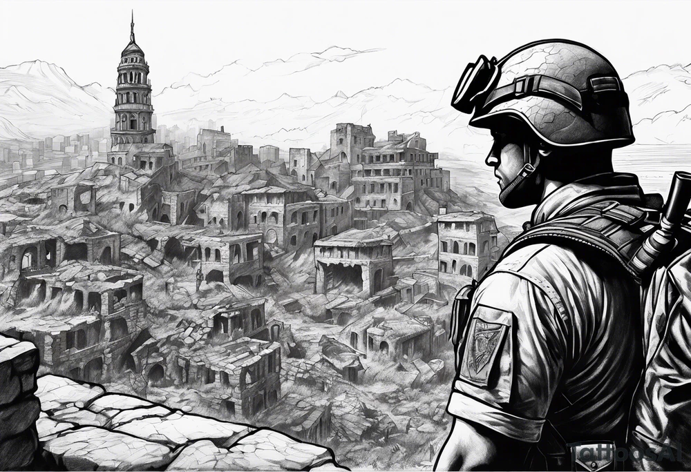 Soilder looking at city ruins tattoo idea