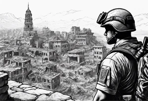 Soilder looking at city ruins tattoo idea