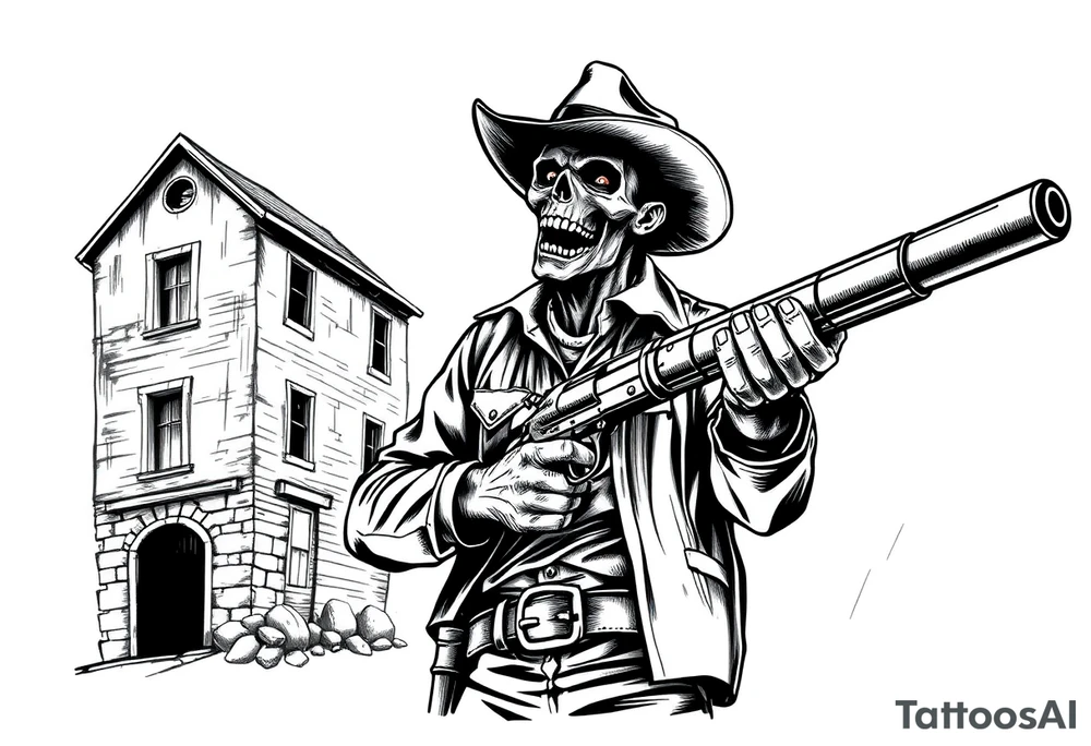 zombie in cowboy-clothing,old buildings,big gun. tattoo idea