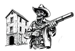 zombie in cowboy-clothing,old buildings,big gun. tattoo idea