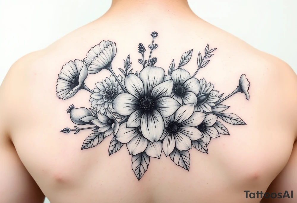 Bouquet flowers of poppy, gladiolus, holly, narcissistic, poinsettia, daisy, and sweet pea tattoo idea