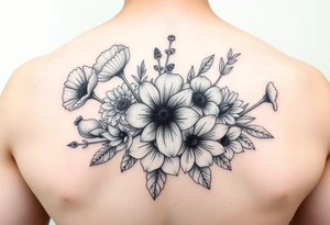 Bouquet flowers of poppy, gladiolus, holly, narcissistic, poinsettia, daisy, and sweet pea tattoo idea