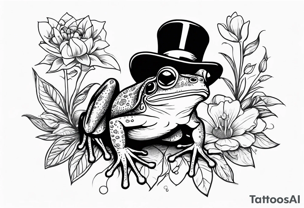 Cute Frog smiling wearing top hat and a suit standing on its Back legs while holding flowers tattoo idea
