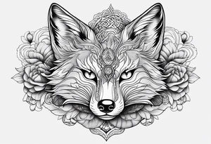 kitsune japonesa em forma de raposa com sua máscara e as fases da lua, corpo inteiro da raposa tattoo idea