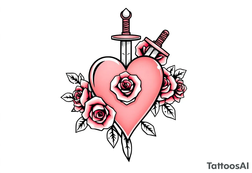 dagger piercing a heart with roses tattoo idea