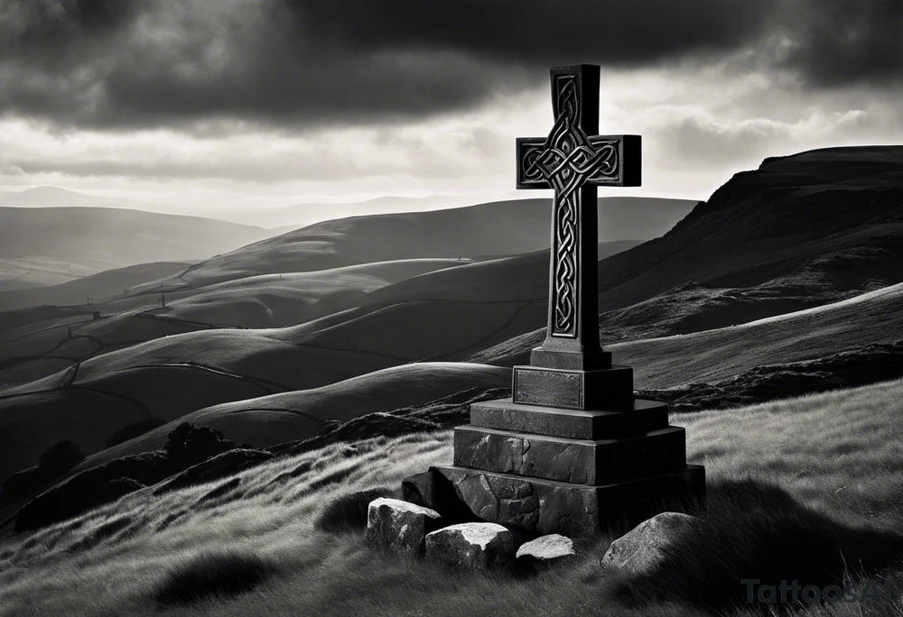 A monochromatic scene of a stone Celtic cross standing tall against a windswept hill. The intricate designs etched into the cross are starkly contrasted against its weathered, black surface. At the arm of the cross, a large raven perches elegantly, its ebony feathers seemingly absorbing the light. The bird's piercing eyes are fixed on something beyond the viewer's sight, lending an air of mystery to the already enigmatic monument. The surrounding landscape is desolate and barren, with the occasional tuft of brown grass struggling to survive the harsh elements. A veil of fog hovers just above the ground, adding to the eerie atmosphere and further isolating the cross from the world around it. The image evokes a sense of timelessness and the enduring strength of Celtic heritage, even in the face of the relentless march of time. tattoo idea