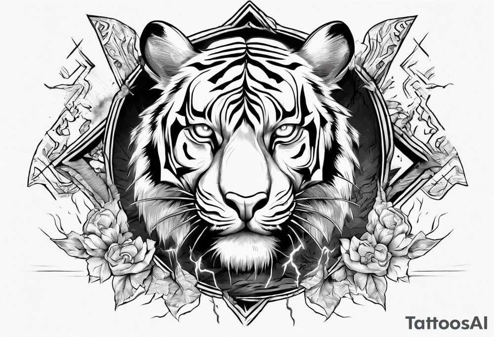 Ancient tiger with lightning and a sun for a forearm sleeve. With patterns surrounding it tattoo idea