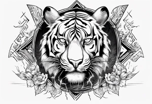 Ancient tiger with lightning and a sun for a forearm sleeve. With patterns surrounding it tattoo idea