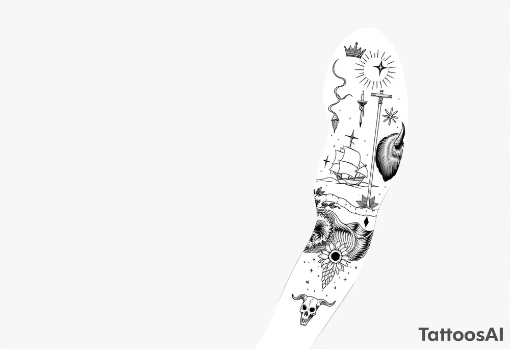 make a seamless sleeve design for a left arm from top of shoulder to wrist in fine line art that includes the images: candlestick, triangle, open hands, light, crown, a path, jacob wrestling with God, skull, ocean, bison, shepherd crook, dove, electricity, ship on the sea tattoo idea
