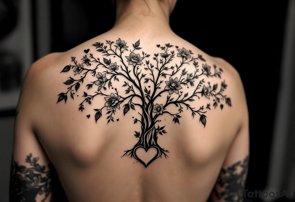Family tree of 8 with names for woman with flowers and love hearts tattoo idea
