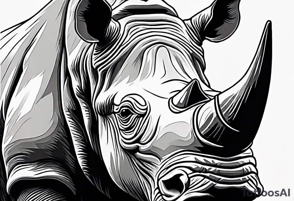A front-facing rhino head with a sharp elongated tusk that is angry and fierce. Ears pointed straight up and forward a bit. Eyes that pierce your soul. A snarling jowel tattoo idea