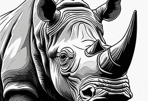 A front-facing rhino head with a sharp elongated tusk that is angry and fierce. Ears pointed straight up and forward a bit. Eyes that pierce your soul. A snarling jowel tattoo idea