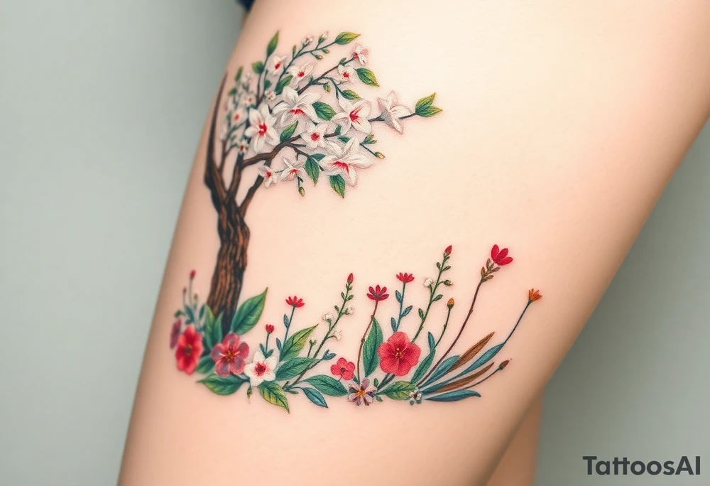 Lilly of the vally plants underneath a blooming hawthorn tree with other colorful plants on ground tattoo idea