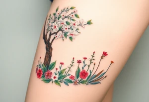 Lilly of the vally plants underneath a blooming hawthorn tree with other colorful plants on ground tattoo idea