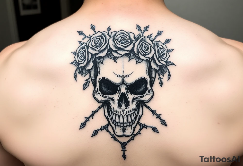 ornate skull adorned with crown of wild roses and thorns tattoo idea