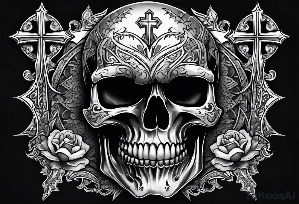 Skull with vampire fangs, three crosses, prayer hands tattoo idea