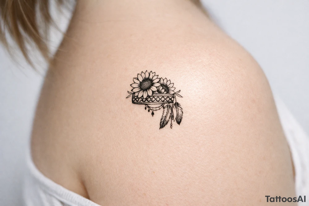 sunflowers with feathers and female Indian headband ribbon tattoo idea