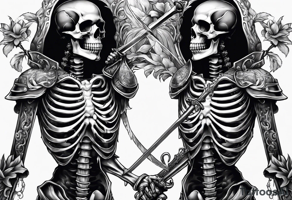 Two Skeletons both reaching for a sword tattoo idea Two Skeletons both reaching for a sword tattoo idea