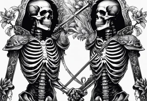 Two Skeletons both reaching for a sword tattoo idea