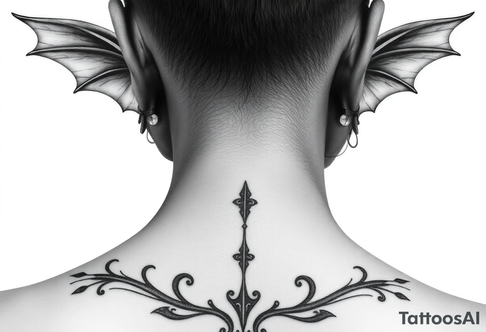 position behind the neck Angel (on the right) whispering in the right ear, demon (on the left) whispering in the left ear. It must be as realistic as possible. tattoo idea