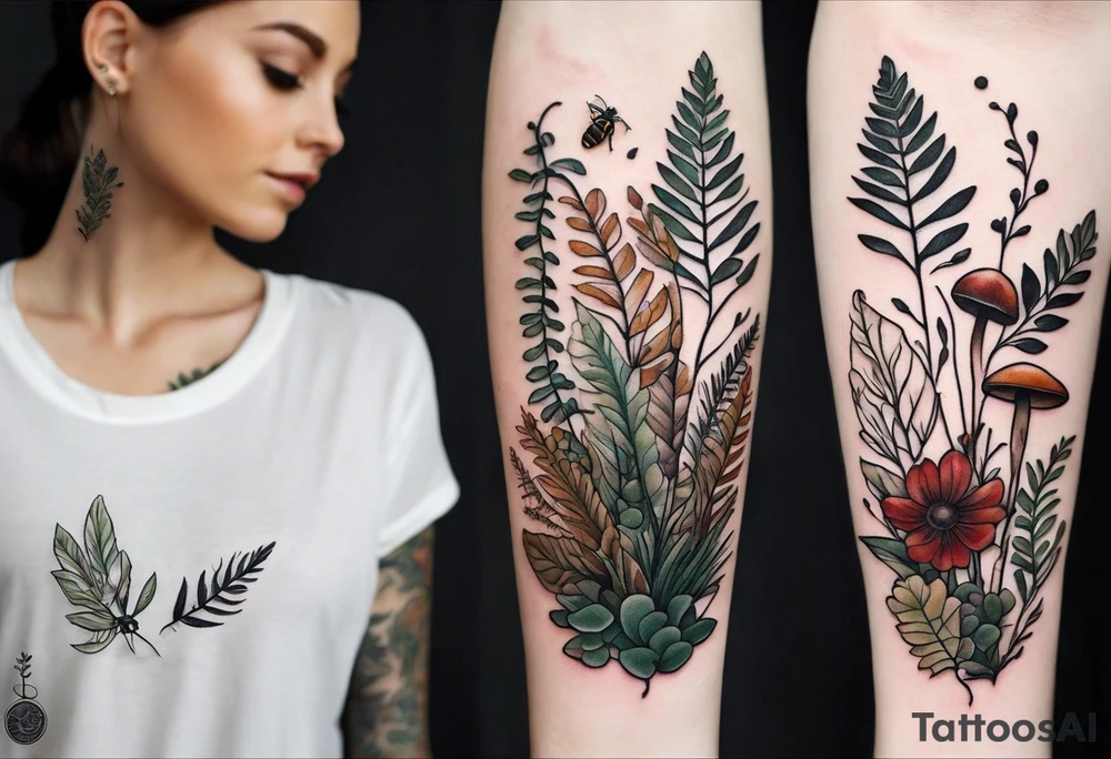 forest floor inspired minimalist tattoo, which includes grass, curly ferns, moss and dead leaves as the bulk of the tattoo. details to include: forest berries, a tiny bumblebee flying nearby, three small brown mushrooms
Generate a vertically long one tattoo idea