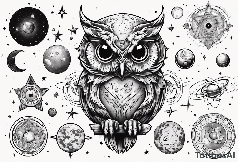 Demon Owl surrounded by cosmic astrology and planets. tattoo idea
