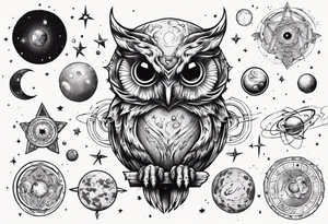 Demon Owl surrounded by cosmic astrology and planets. tattoo idea