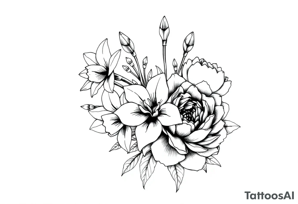 small daffodils, jonquils, chrysanthemum and peony in a bouquet tattoo idea