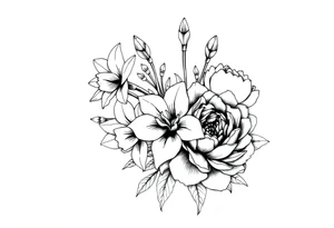 small daffodils, jonquils, chrysanthemum and peony in a bouquet tattoo idea