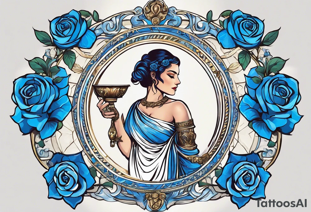 ancient rome clothes ,women,,ancient scale in one hand, blue rose frames, ladies justicia ,keeps  scale tattoo idea