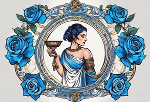 ancient rome clothes ,women,,ancient scale in one hand, blue rose frames, ladies justicia ,keeps  scale tattoo idea