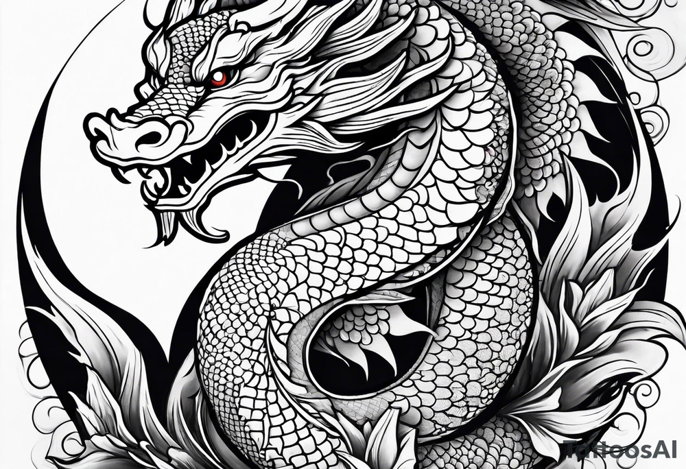 Asian Māori dragon, koi, water, black, shoulder tattoo idea