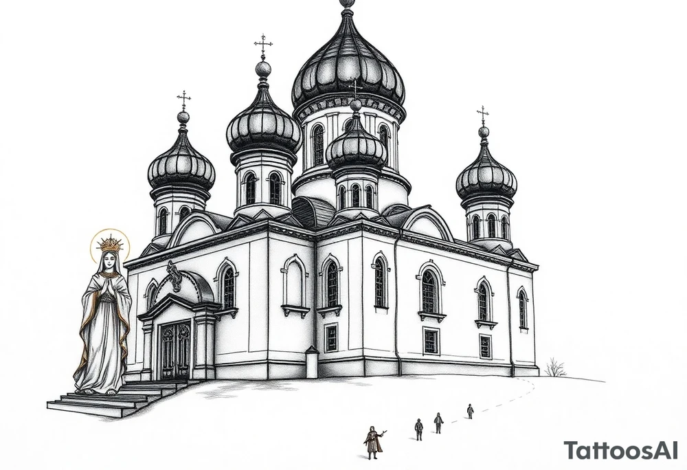 Russian orthodox church with bulb domes with a prominent russian orthodox style virgin mary stood outside to the left tattoo idea