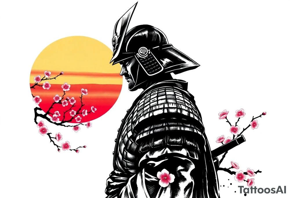 noble samurai warrior silhouette at sunset with cherry blossoms tattoo idea