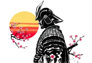 noble samurai warrior silhouette at sunset with cherry blossoms tattoo idea