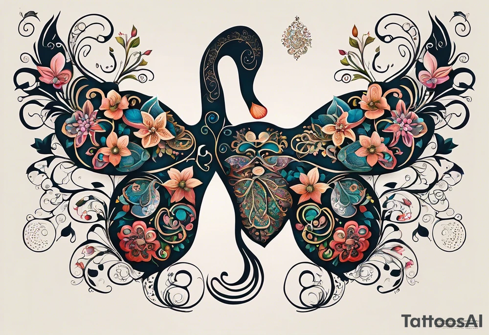intricate and artistic arrangement of flowers and ornamental patterns that come together to form the shape of human lungs. The design should have a balance of delicacy and detail, with vibrant floral elements seamlessly intertwining to mimic the structure of the lungs, including the bronchi branching into floral motifs. Incorporate subtle shading and depth to give the tattoo a dynamic and organic feel, while maintaining elegance and symmetry tattoo idea