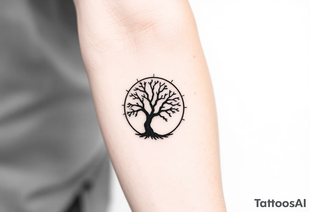Tree inside of a spiral moving sun tattoo idea
