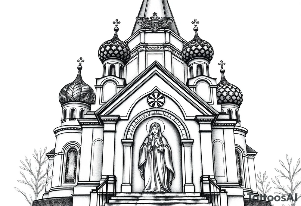Flowing Scene

A onion domes orthodox church
Virgin Mary in prayer pose on the front doors of the russian orthodox church 
A small double headed russian coat of arms eagle or just the star tucked above the dome near the hairline tattoo idea