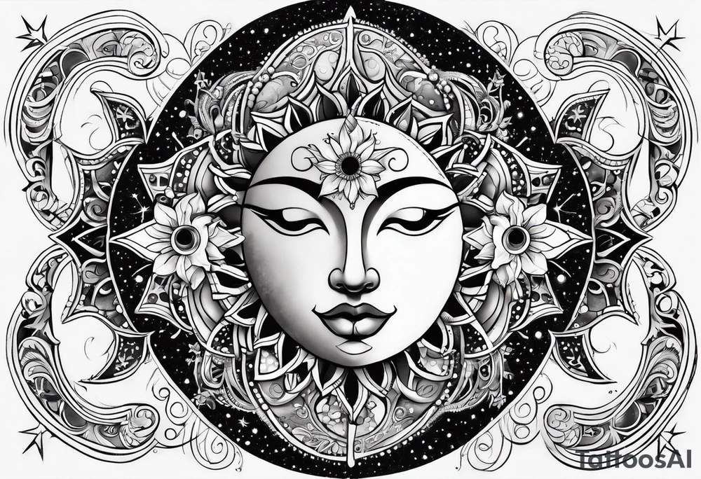 Feminine Sun and moon. Freeform rectangular sternum swirls with dots and stars tattoo idea
