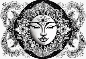 Feminine Sun and moon. Freeform rectangular sternum swirls with dots and stars tattoo idea