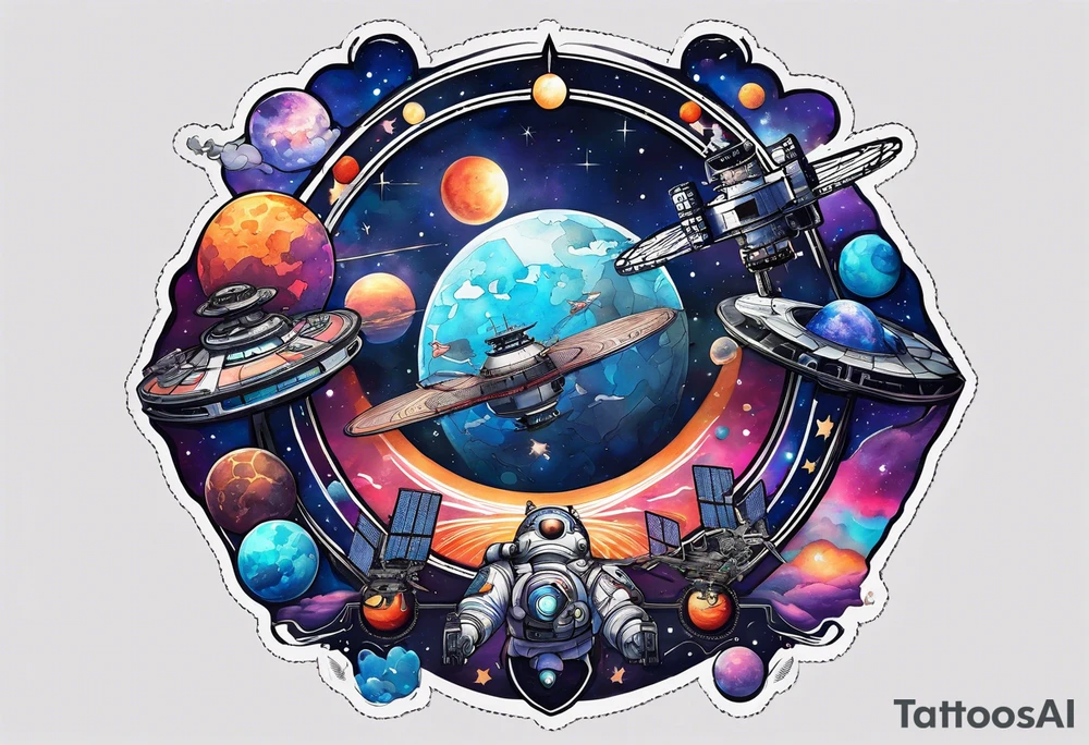 Tattoo featuring space station and water in galaxy colours featuring animals tattoo idea