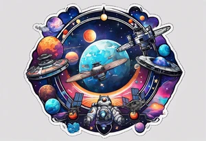 Tattoo featuring space station and water in galaxy colours featuring animals tattoo idea