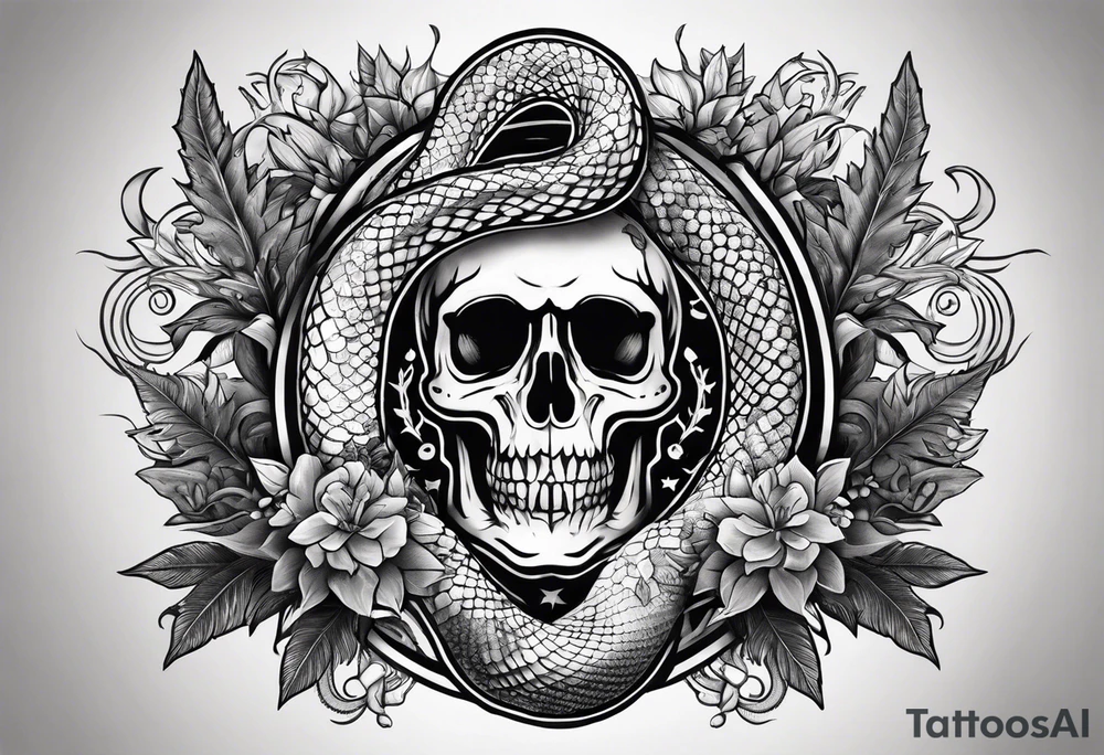 arm sleeve tattoo with a snake, gun, weed symbol that says HYDRA tattoo idea