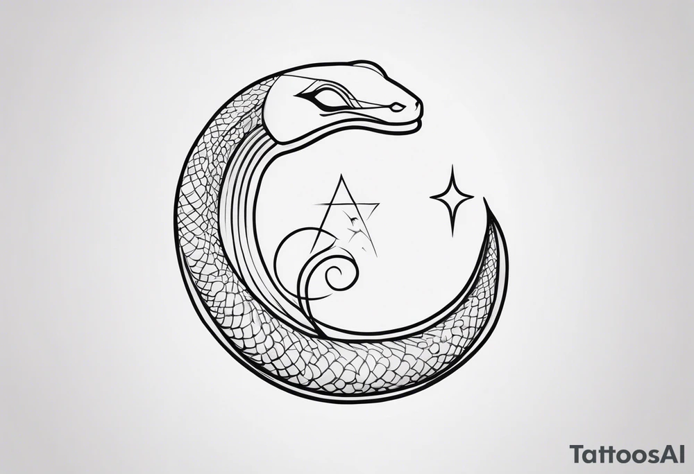 A snake wrapped around an arm, a crescent moon in the middle, a tongue in the form of a crescent tattoo idea
