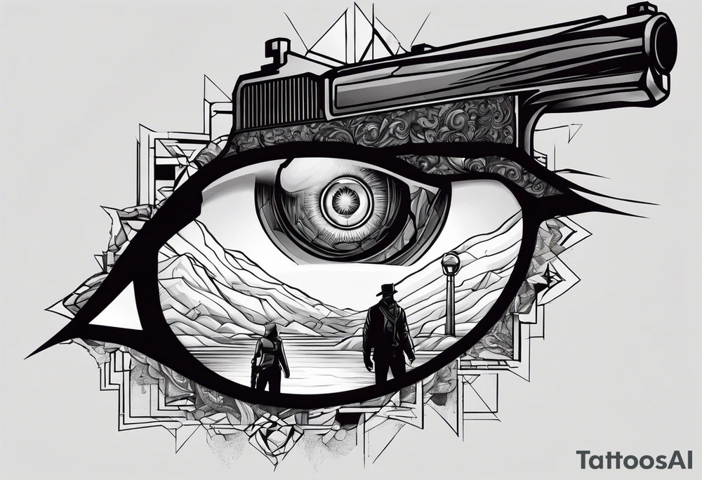 In the reflection of a eye two black siloets of people holding guns one man dead on the ground with a wounded woman standing behind him tattoo idea